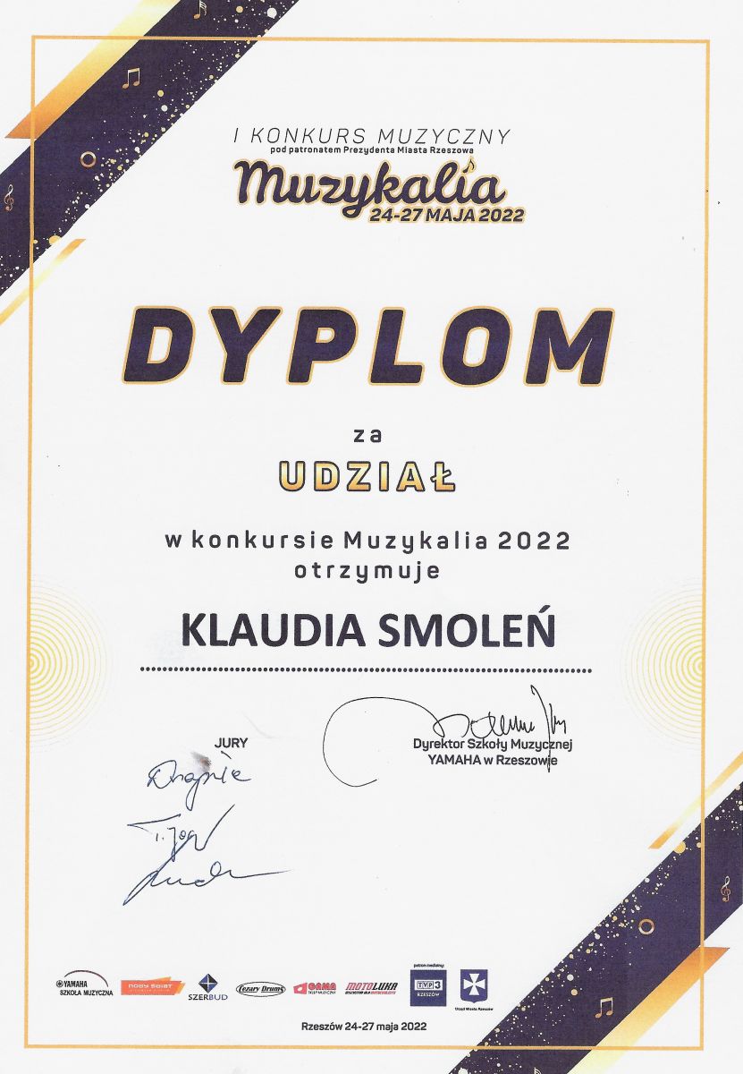 Dyplom Klaudii Smoleń na Muzykaliach Rzeszów 2022