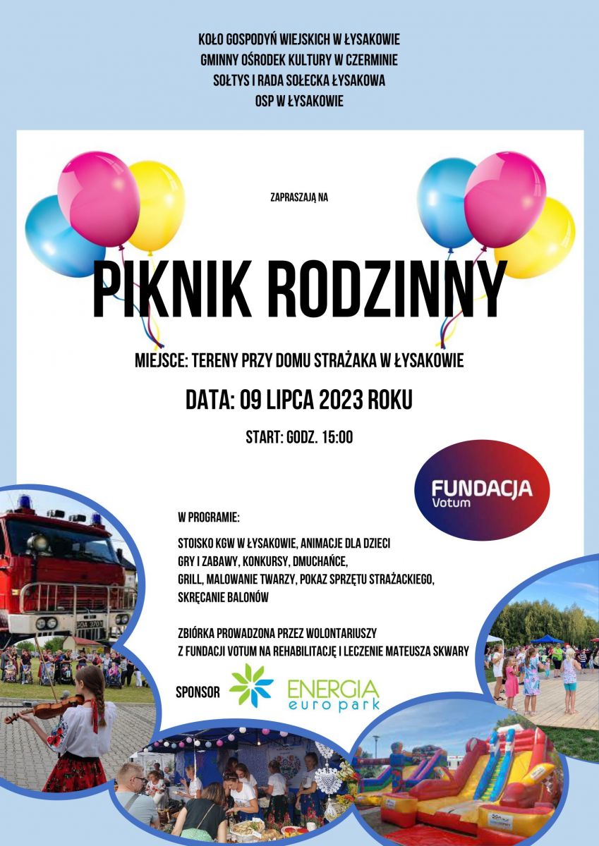 Plakat Pikniku Rodzinnego w Łysakowie 09.07.2023