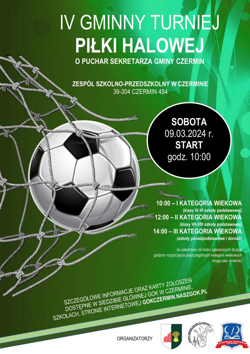 Plakat IV Gminnego Turnieju Piłki Halowej o Puchar Sekretarza Gminy Czermin 2024