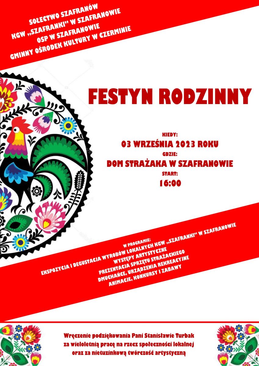 Plakat Pikniku Rodzinnego w Szafranowie 03.09.2023