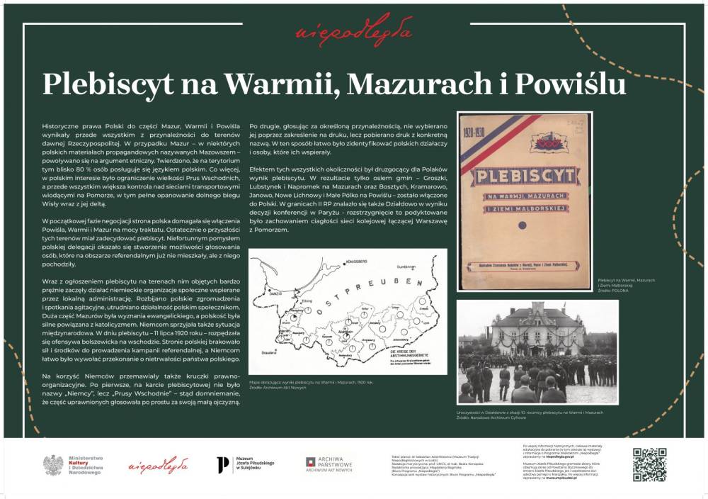 Wystawa "Niepodległa na mapach. Kształtowanie granic po 1918 roku" plansza 12 - Plebiscyt na Warmii, Mazurach i Powiślu